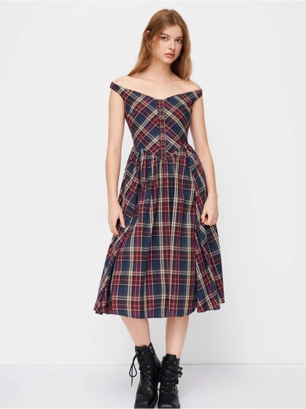 Cider COTTON PLAID OFF-SHOULDER BUTTON FRONT RUFFLE MIDI DRESS large nwt